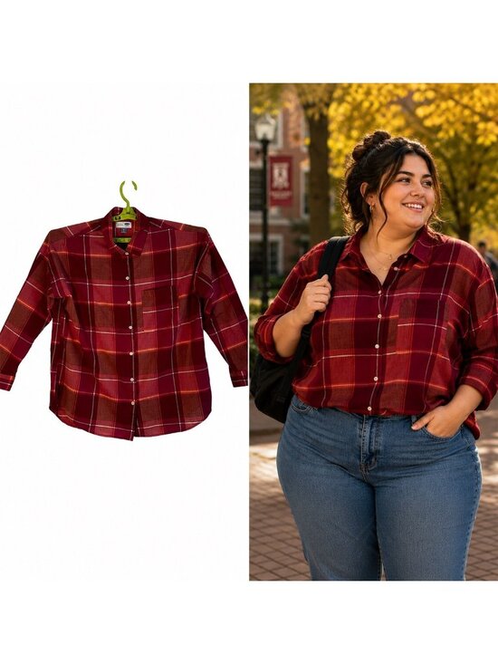 Old Navy Tops - Old Navy Boyfriend Strawberry Plaid One Pocket Shirt XL Cotton Womens Cottage